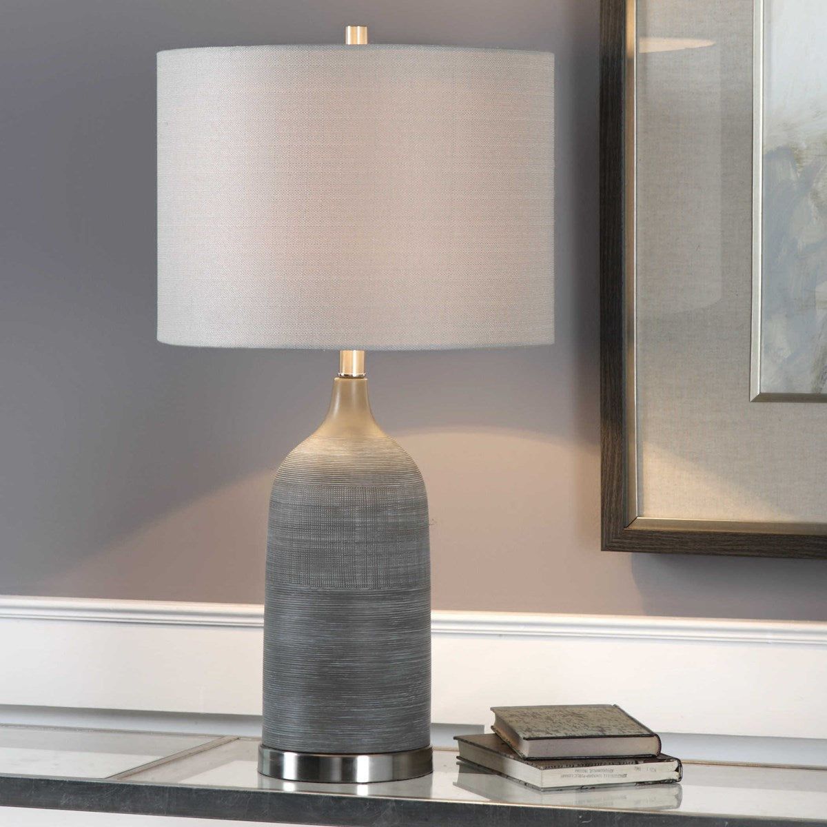 Casa Bella Living Light Beige Linen Drum Shade With Textured Olive Bronzed Ceramic Base Table Lamp - Image 2