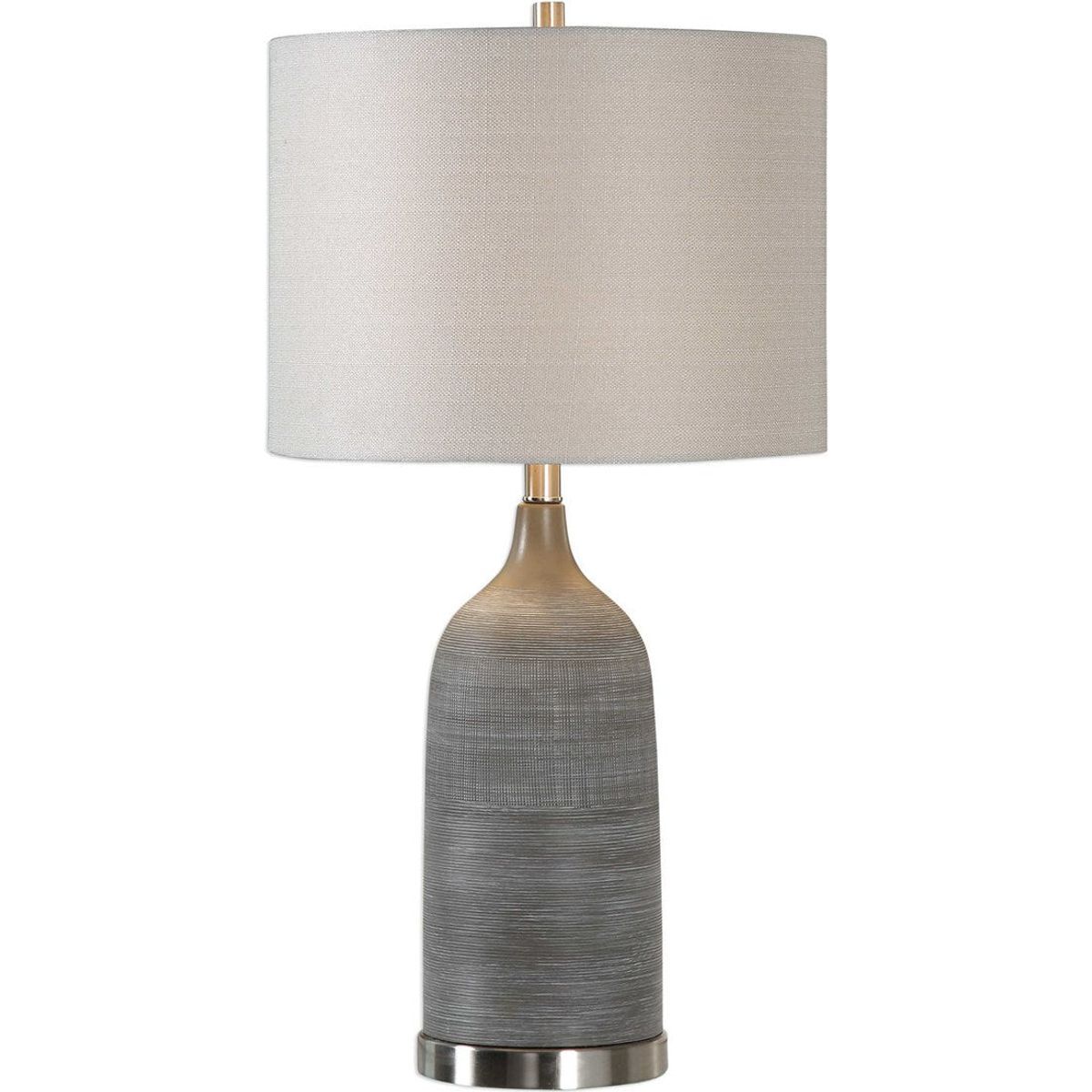 Casa Bella Living Light Beige Linen Drum Shade With Textured Olive Bronzed Ceramic Base Table Lamp
