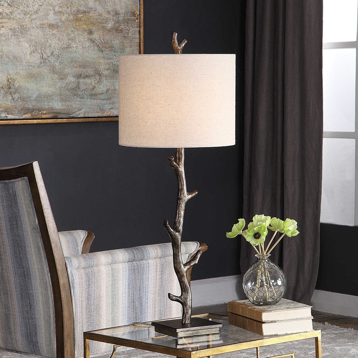 Casa Bella Living Off White Linen Shade With Dark Bronze and Silver Branch Base Table Lamp