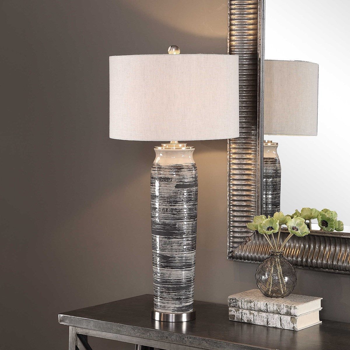 Casa Bella Living Beige Linen Shade With Dark Gray, Cream and Espresso Glazed Ceramic Base Table Lamp