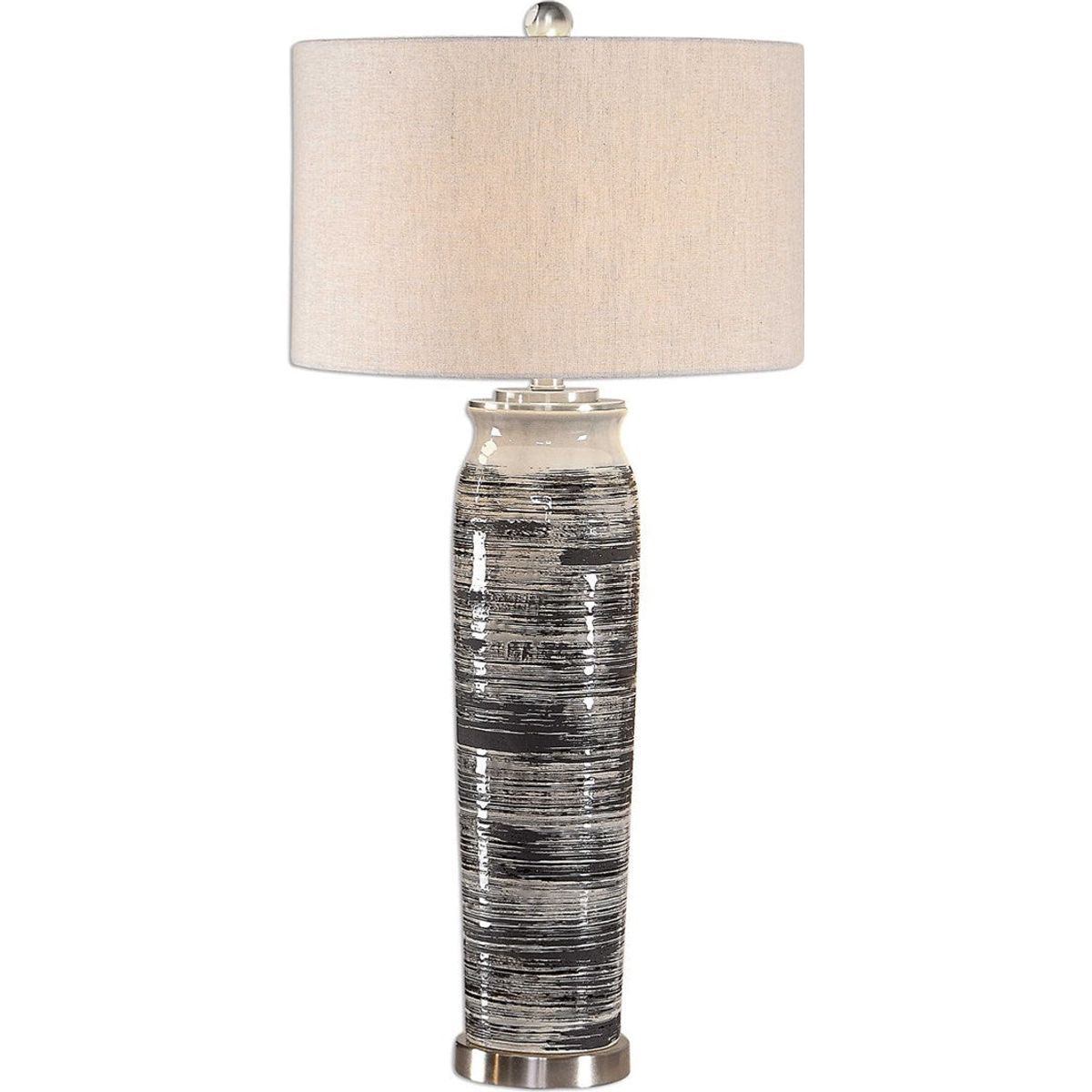 Casa Bella Living Beige Linen Shade With Dark Gray, Cream and Espresso Glazed Ceramic Base Table Lamp - Image 2