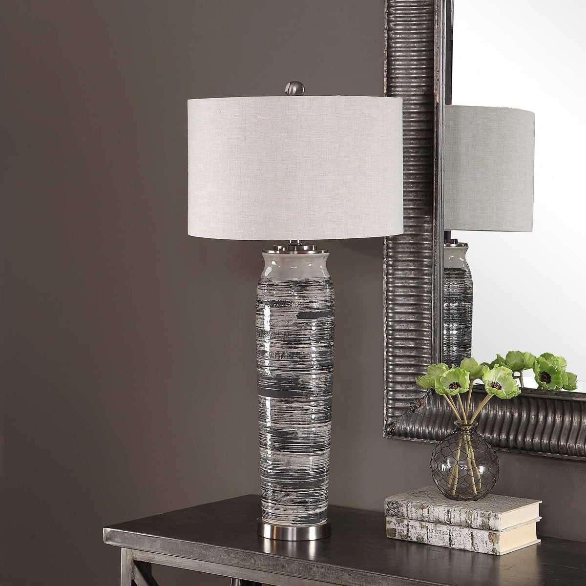 Casa Bella Living Beige Linen Shade With Dark Gray, Cream and Espresso Glazed Ceramic Base Table Lamp - Image 3
