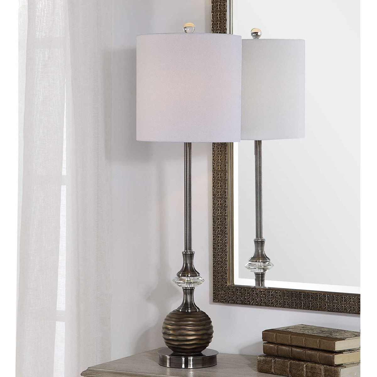 Casa Bella Living White Linen Drum Shade with Bronze Textured Base Table Lamp