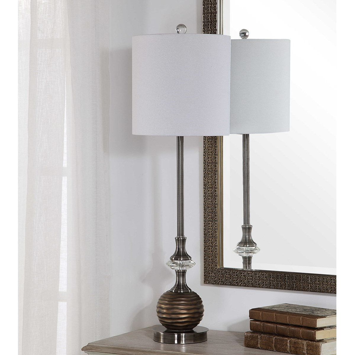 Casa Bella Living White Linen Drum Shade with Bronze Textured Base Table Lamp - Image 3