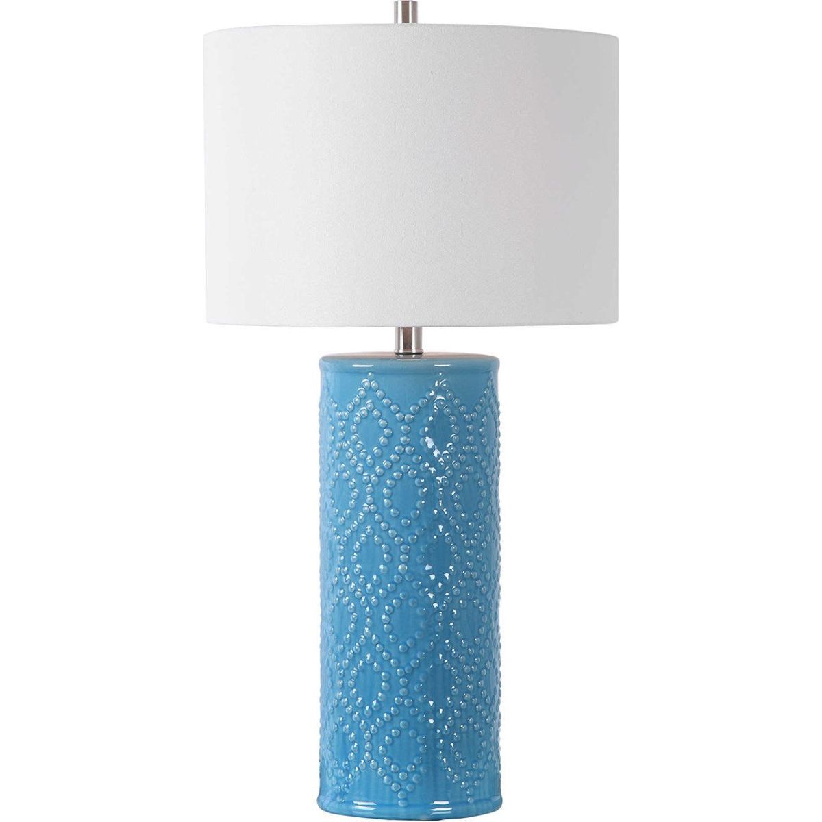 Casa Bella Living White Linen Shade With Sky Blue Textured Ceramic Base Table Lamp - Image 2