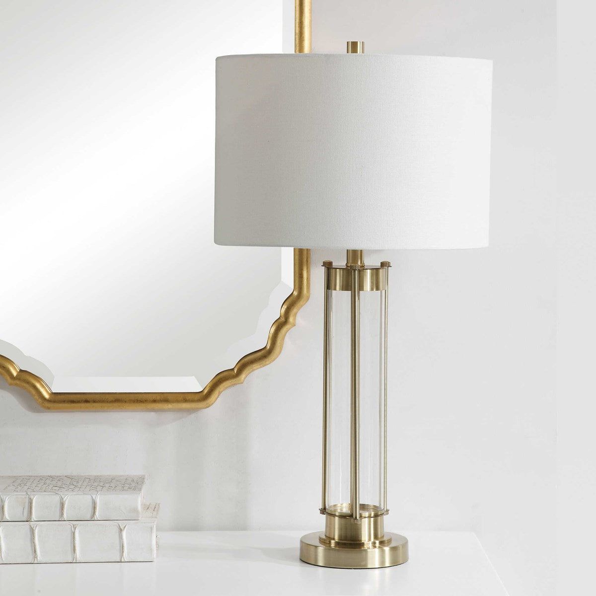 Casa Bella Living White Linen Shade with Glass and Golden Brass Base Table Lamp - Image 1