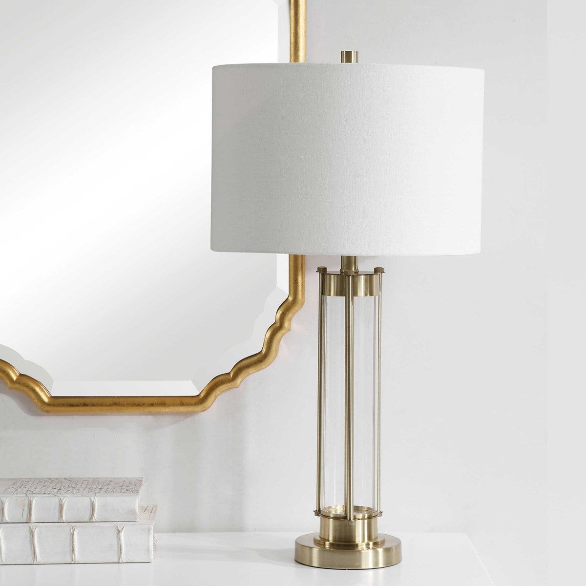 Casa Bella Living White Linen Shade with Glass and Golden Brass Base Table Lamp - Image 3