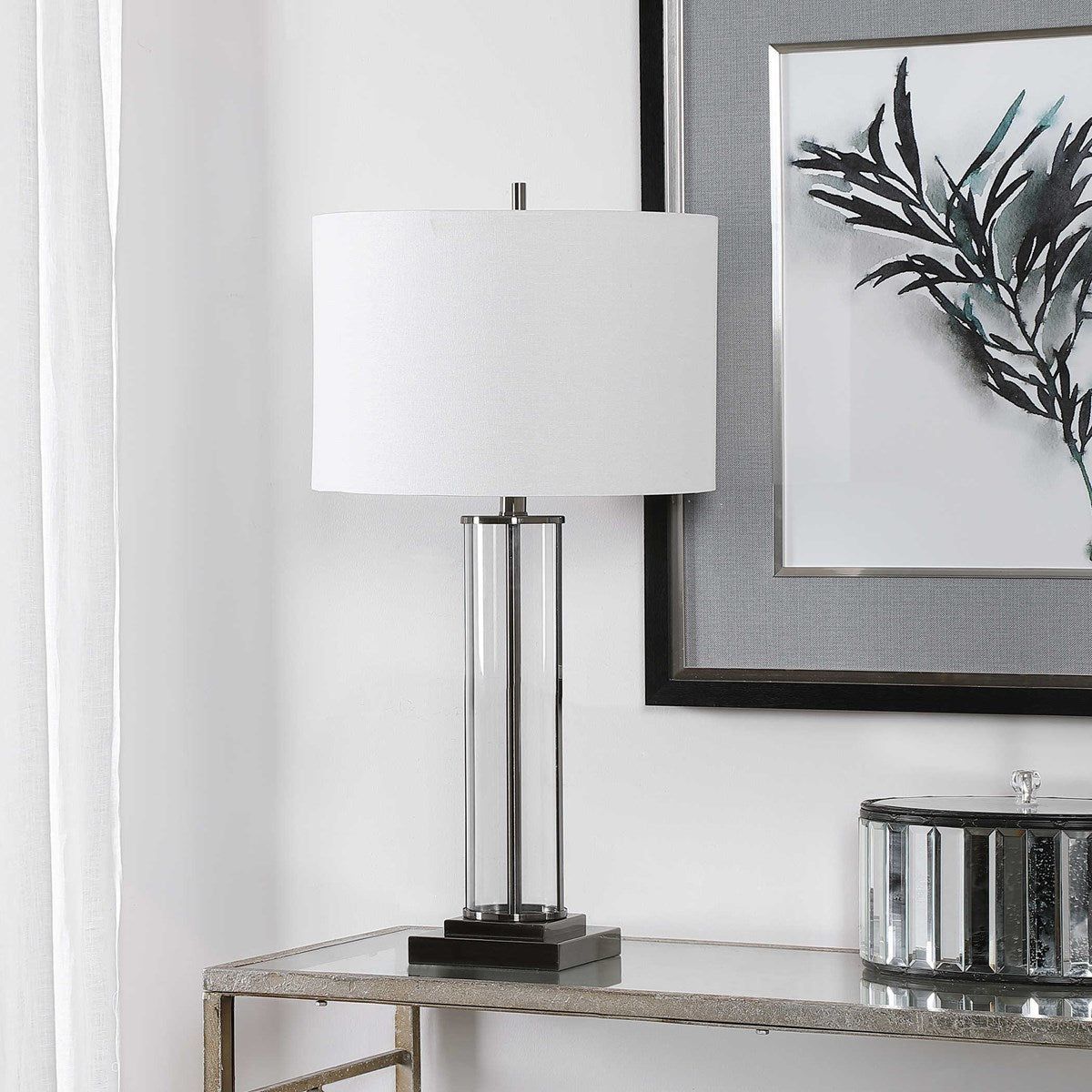 Casa Bella Living White Linen Shade with Glass and Dark Nickel Base Table Lamp - Image 3