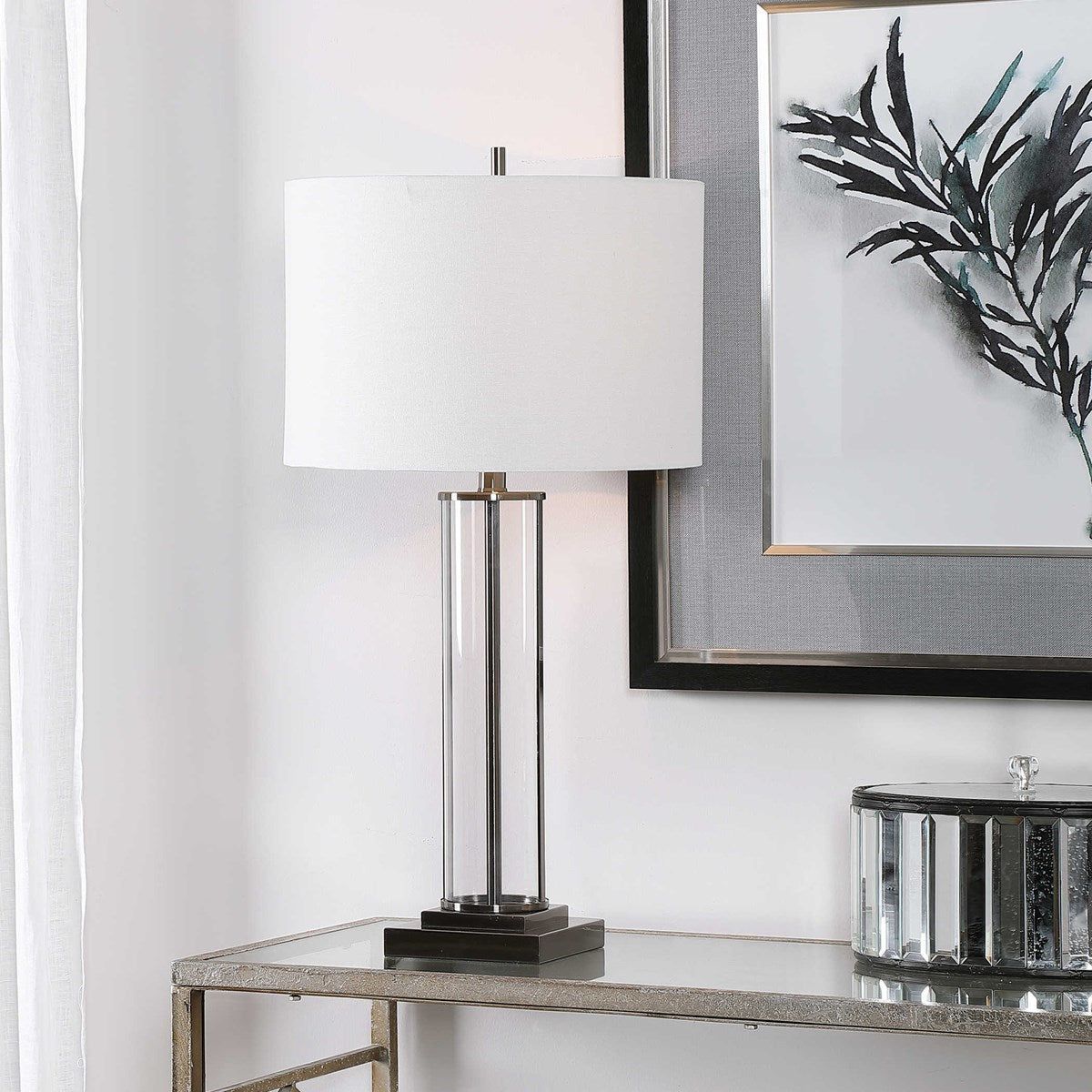 Casa Bella Living White Linen Shade with Glass and Dark Nickel Base Table Lamp - Image 1