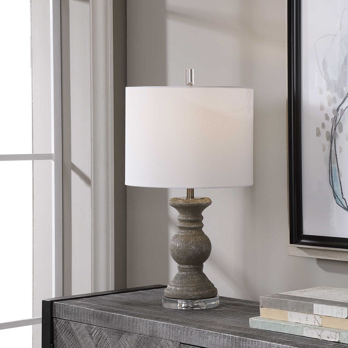Casa Bella Living White Linen Shade With Textured Stone Gray Ceramic Base Table Lamp
