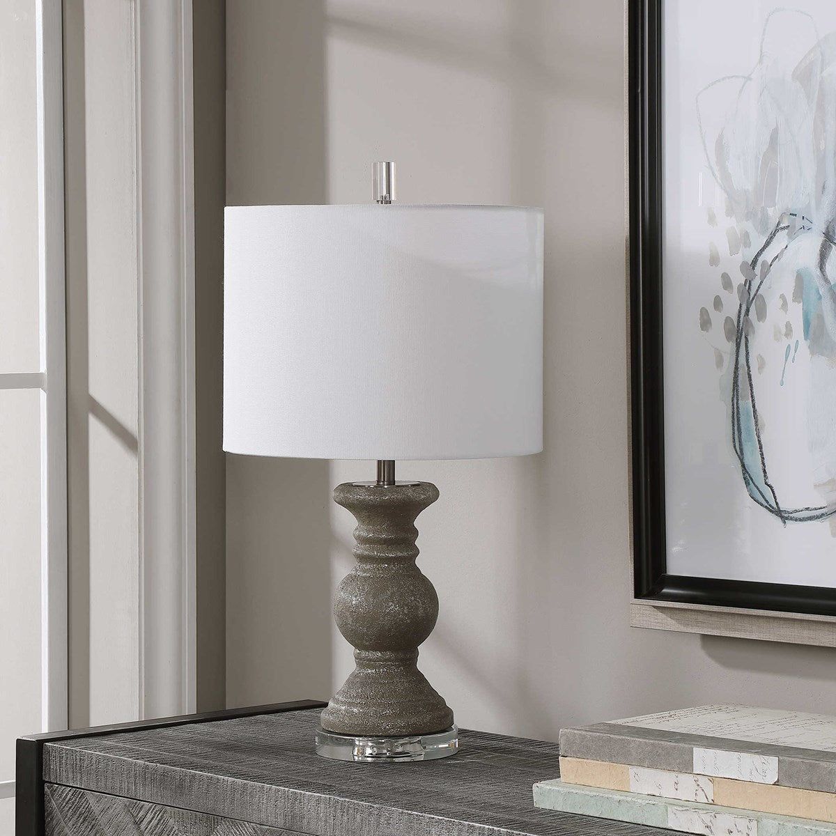 Casa Bella Living White Linen Shade With Textured Stone Gray Ceramic Base Table Lamp - Image 3