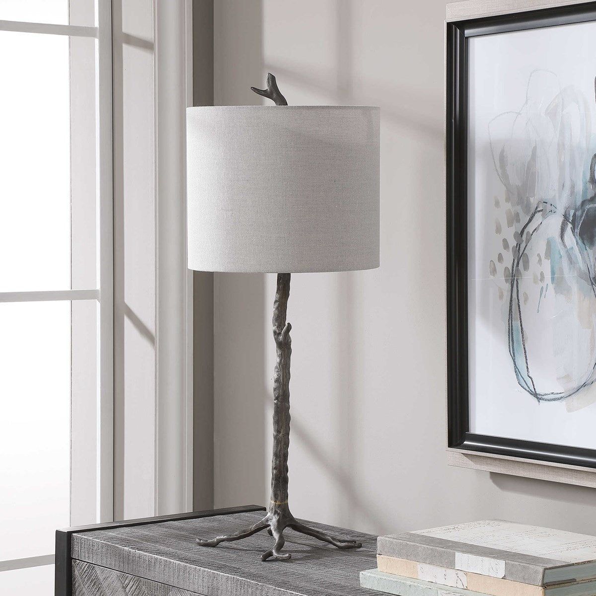 Casa Bella Living Light Beige Linen Drum Shade With Dark Gunmetal and Gold Branch Base Table Lamp - Image 3
