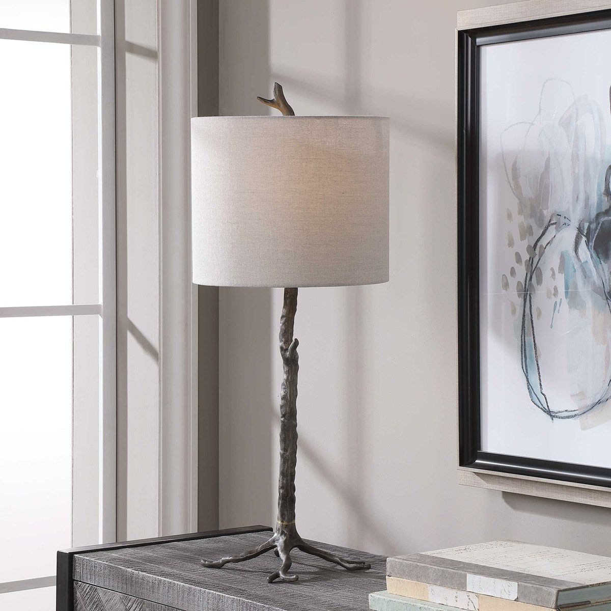 Casa Bella Living Light Beige Linen Drum Shade With Dark Gunmetal and Gold Branch Base Table Lamp
