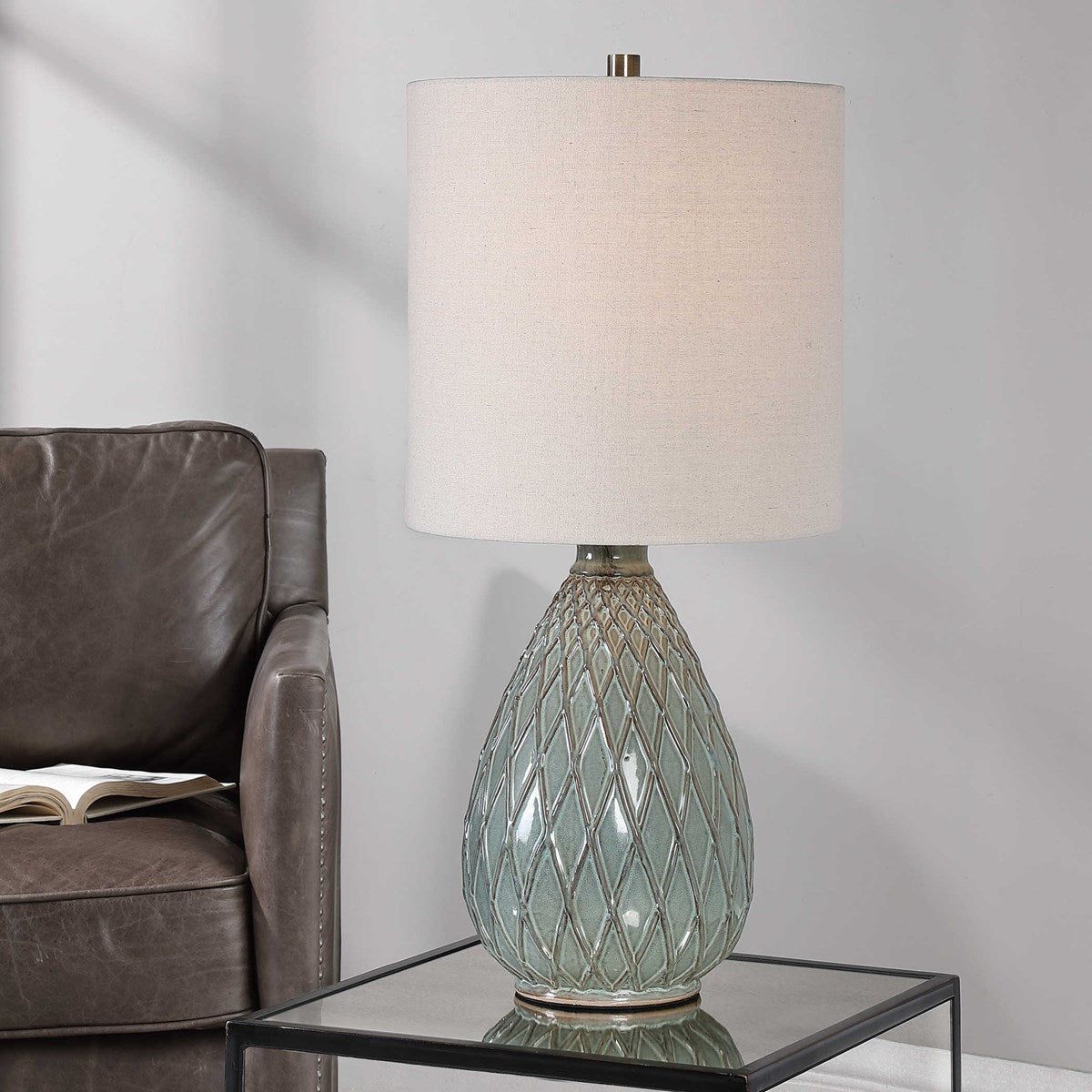 Casa Bella Living Beige Linen Drum Shade With Rust and Aqua Textured Ceramic Base Table Lamp