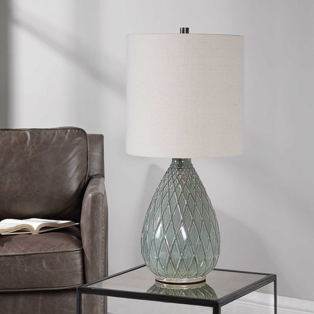 Casa Bella Living Beige Linen Drum Shade With Rust and Aqua Textured Ceramic Base Table Lamp - Image 3