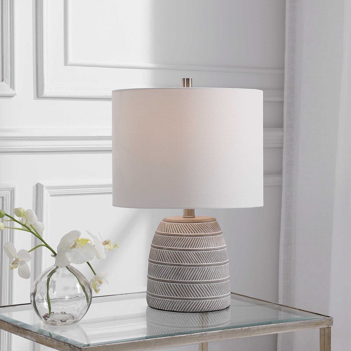 Casa Bella Living Light Beige Linen Drum Shade With White Etched Concrete Base Table Lamp