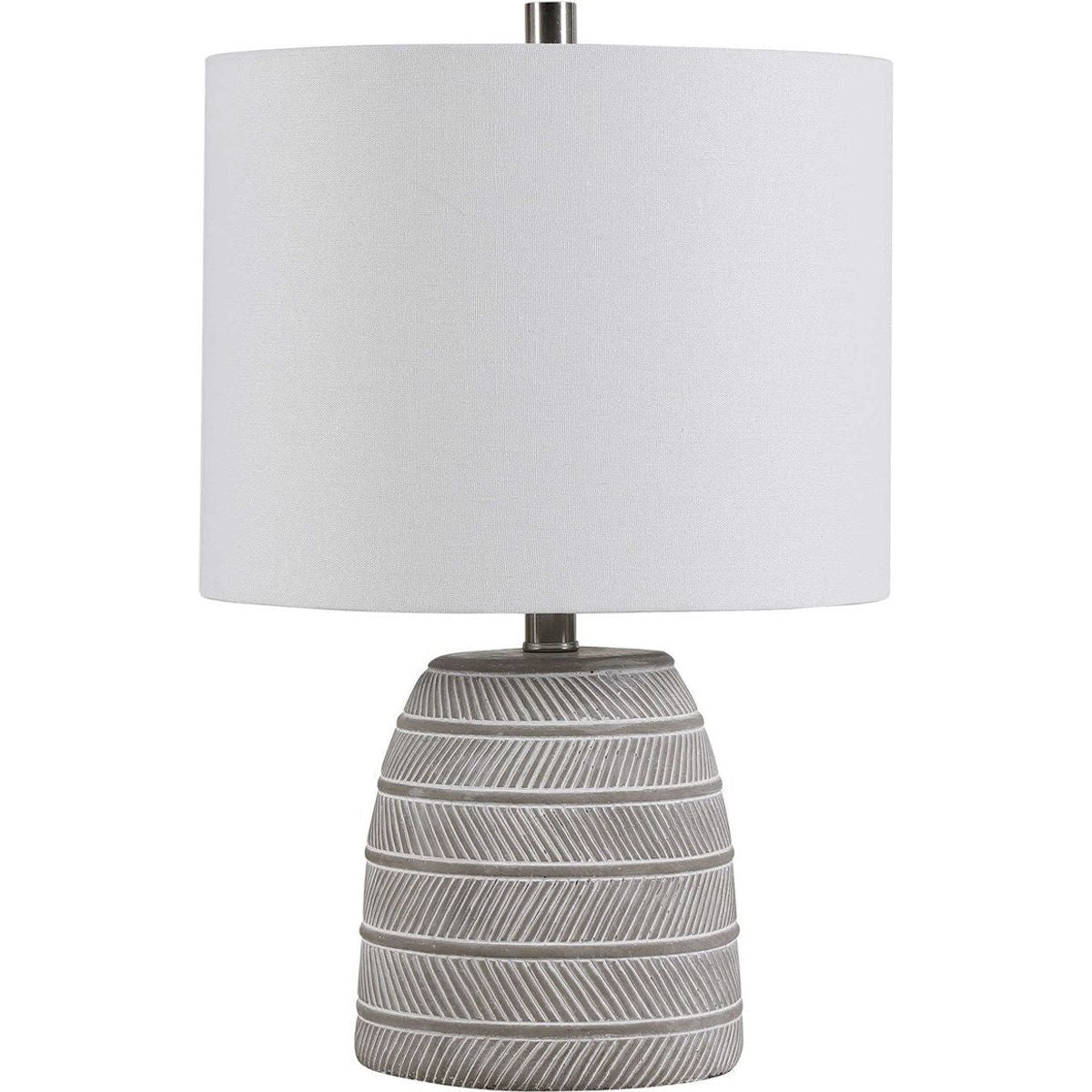 Casa Bella Living Light Beige Linen Drum Shade With White Etched Concrete Base Table Lamp - Image 3