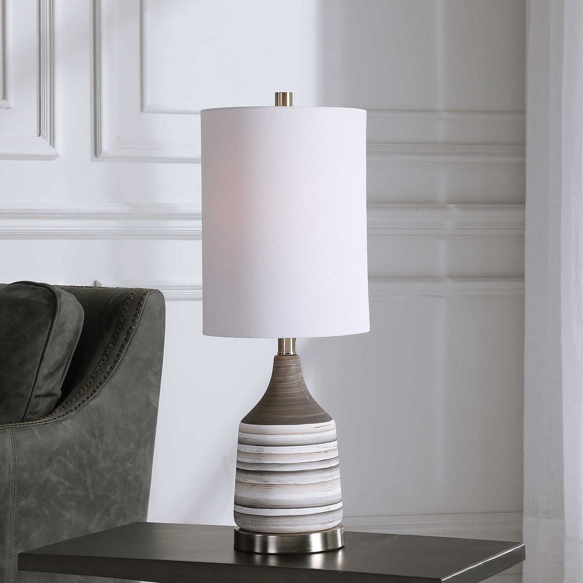 Casa Bella Living White Linen Drum Shade With Charcoal, White and Tan Ceramic Base Table Lamp