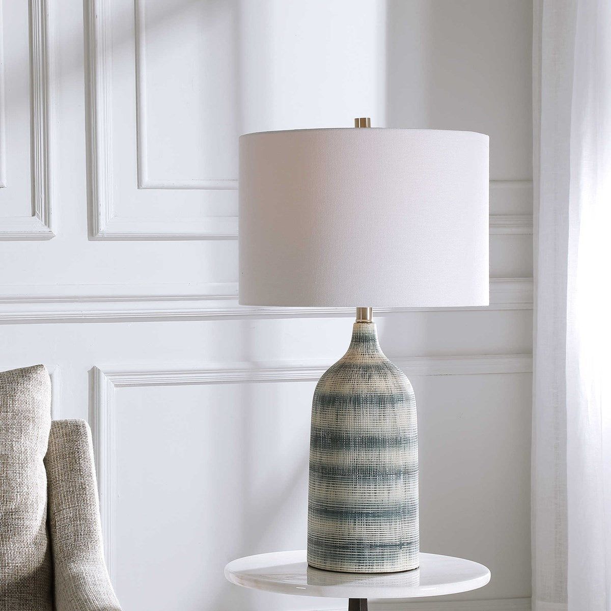 Casa Bella Living White Linen Drum Shade with Blue and White Textured Ceramic Base Table Lamp - Image 1