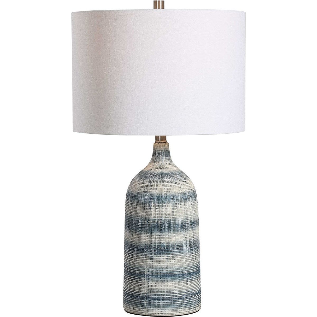 Casa Bella Living White Linen Drum Shade with Blue and White Textured Ceramic Base Table Lamp - Image 2