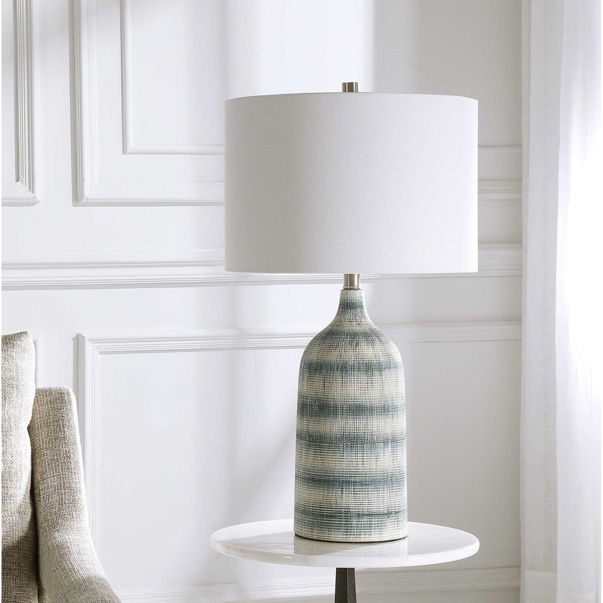 Casa Bella Living White Linen Drum Shade with Blue and White Textured Ceramic Base Table Lamp - Image 3