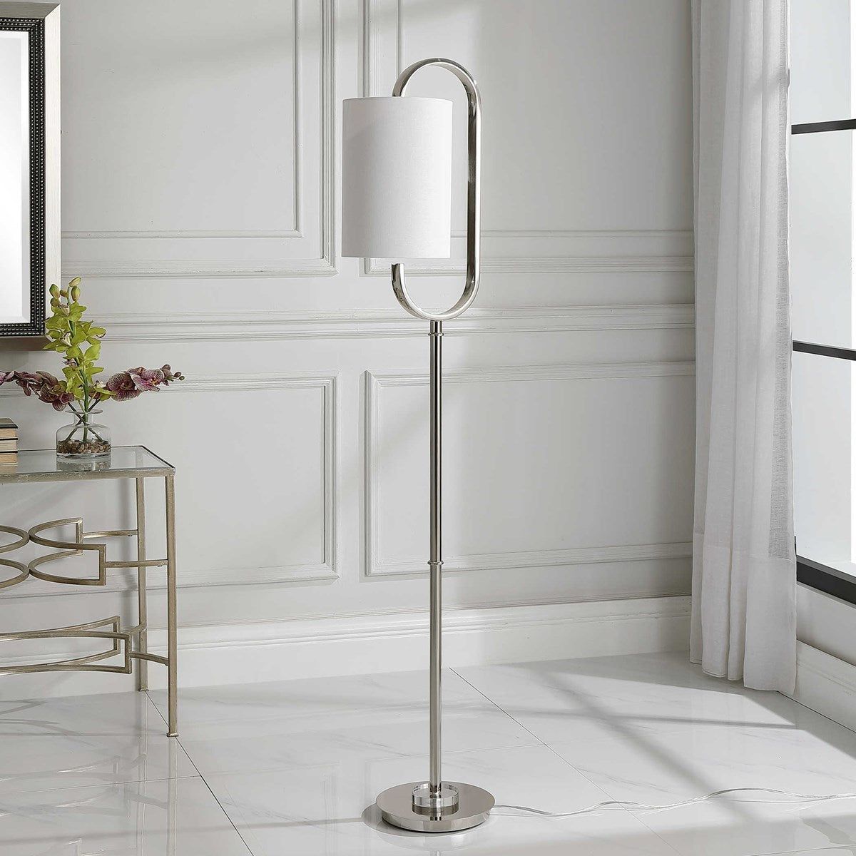 Casa Bella Living Light Beige Drum Shade With Polished Nickel Metal Base Modern Floor Lamp - Image 3