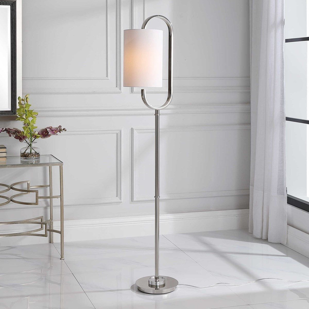 Casa Bella Living Light Beige Drum Shade With Polished Nickel Metal Base Modern Floor Lamp