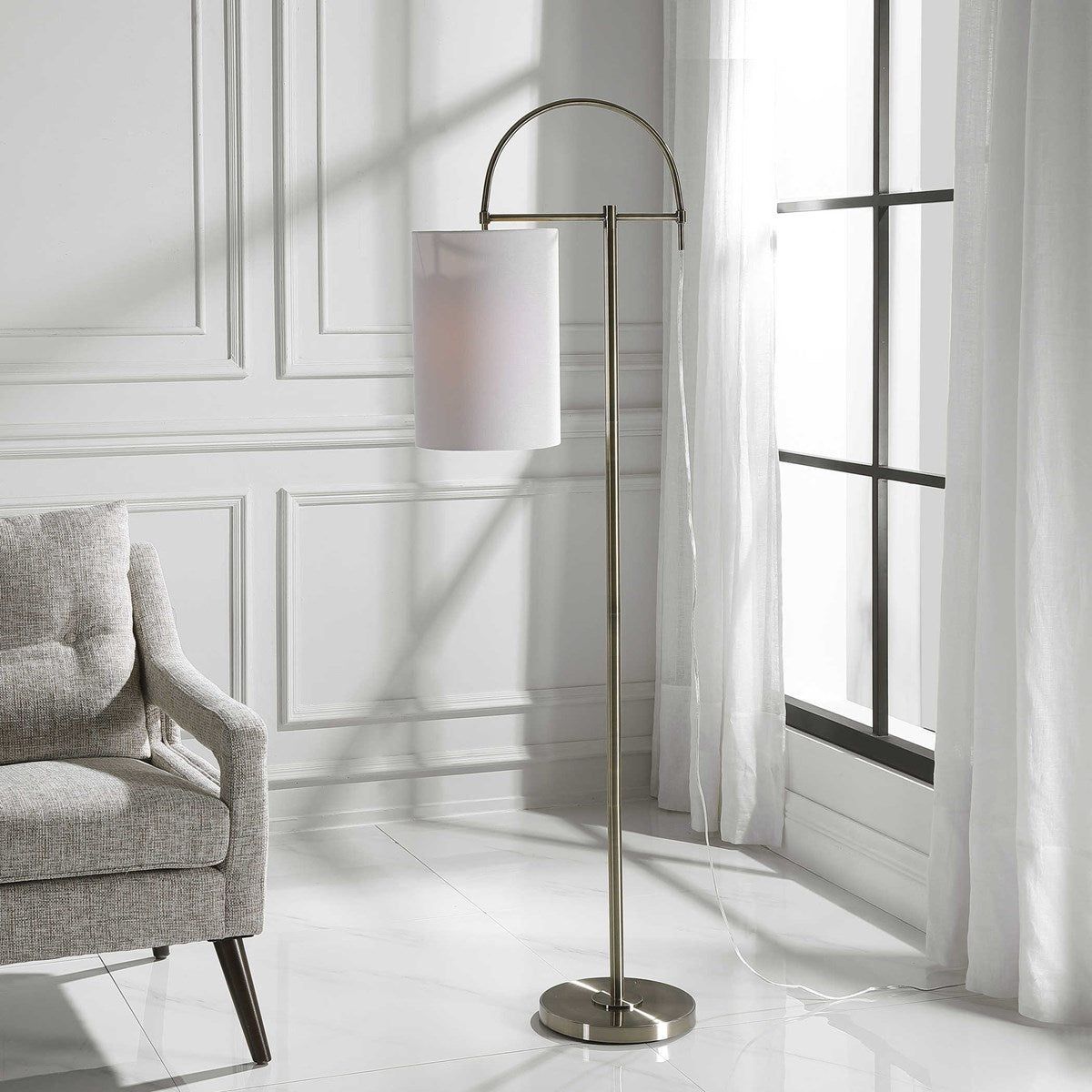 Casa Bella Living Light Beige Linen Drum Shade with Antique Brushed Brass Base Modern Arc Floor Lamp