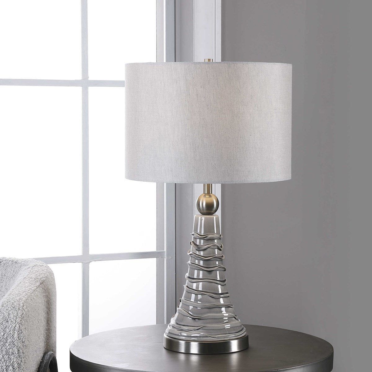 Casa Bella Living Light Gray Linen Drum Shade with Dove Gray Ceramic Base Table Lamp
