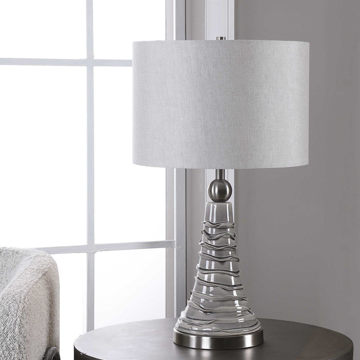Casa Bella Living Light Gray Linen Drum Shade with Dove Gray Ceramic Base Table Lamp - Image 3