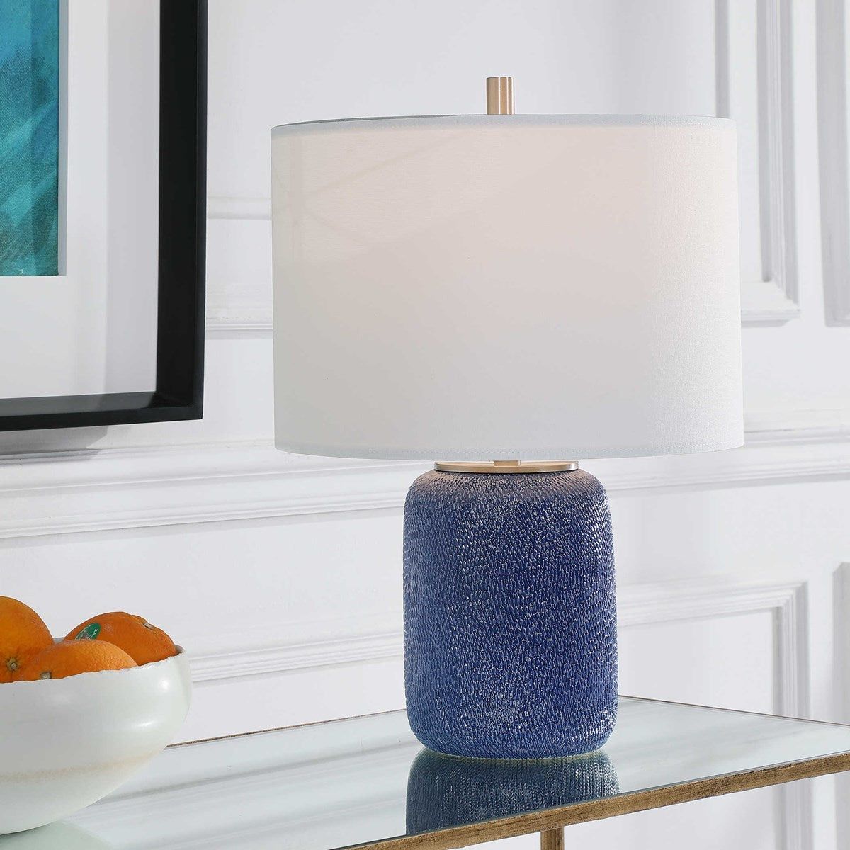 Casa Bella Living Off White Linen Drum Shade with Cobalt Blue Textured Ceramic Base Table Lamp