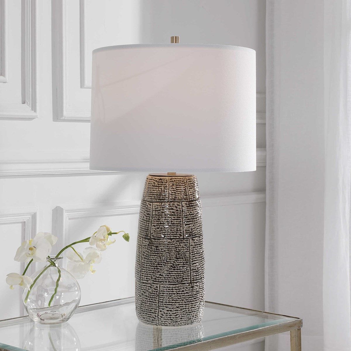 Casa Bella Living White Linen Drum Shade with Black and White Textured Ceramic Base Table Lamp