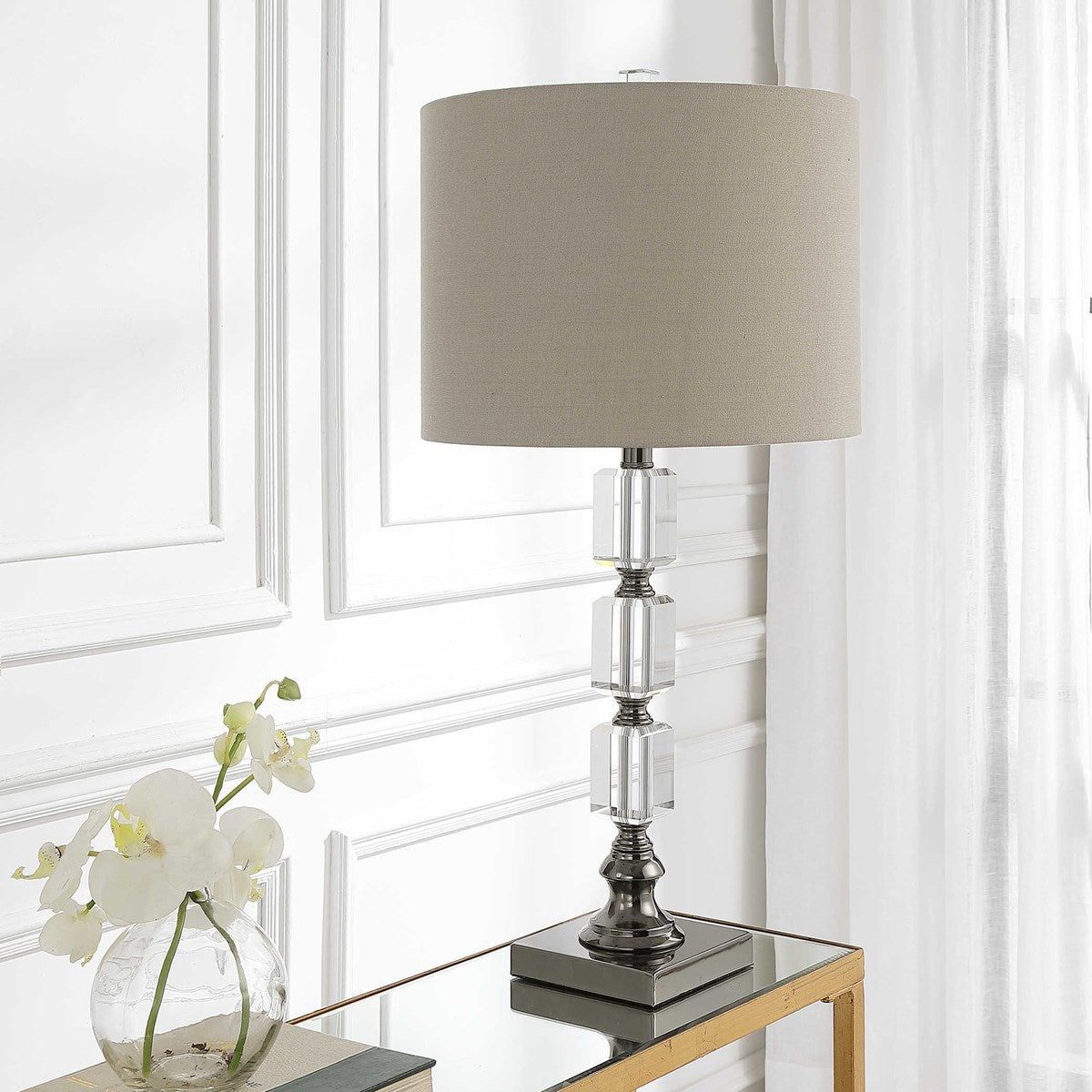 Casa Bella Living Taupe Linen Shade With Stacked Crystal and Dark Nickel Base Table Lamp - Image 3