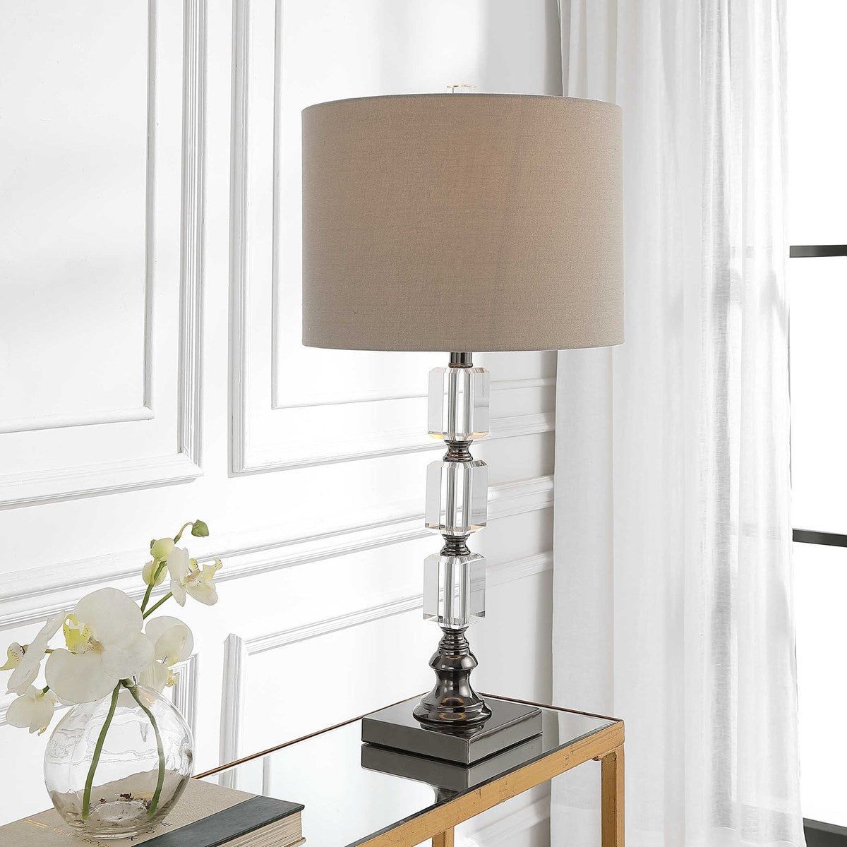 Casa Bella Living Taupe Linen Shade With Stacked Crystal and Dark Nickel Base Table Lamp