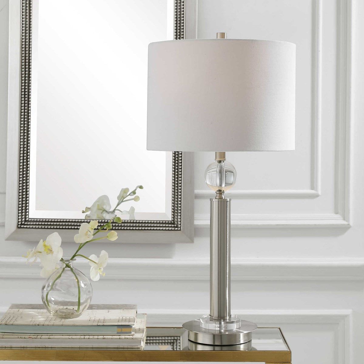 Casa Bella Living White Line Shade With Crystal and Brushed Nickel Base Table Lamp - Image 1
