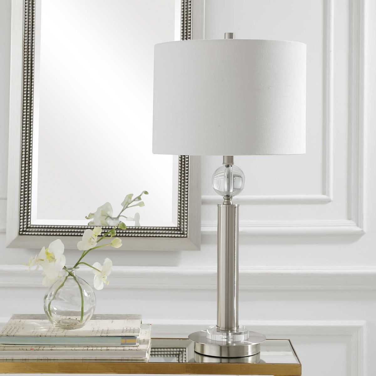 Casa Bella Living White Line Shade With Crystal and Brushed Nickel Base Table Lamp - Image 3