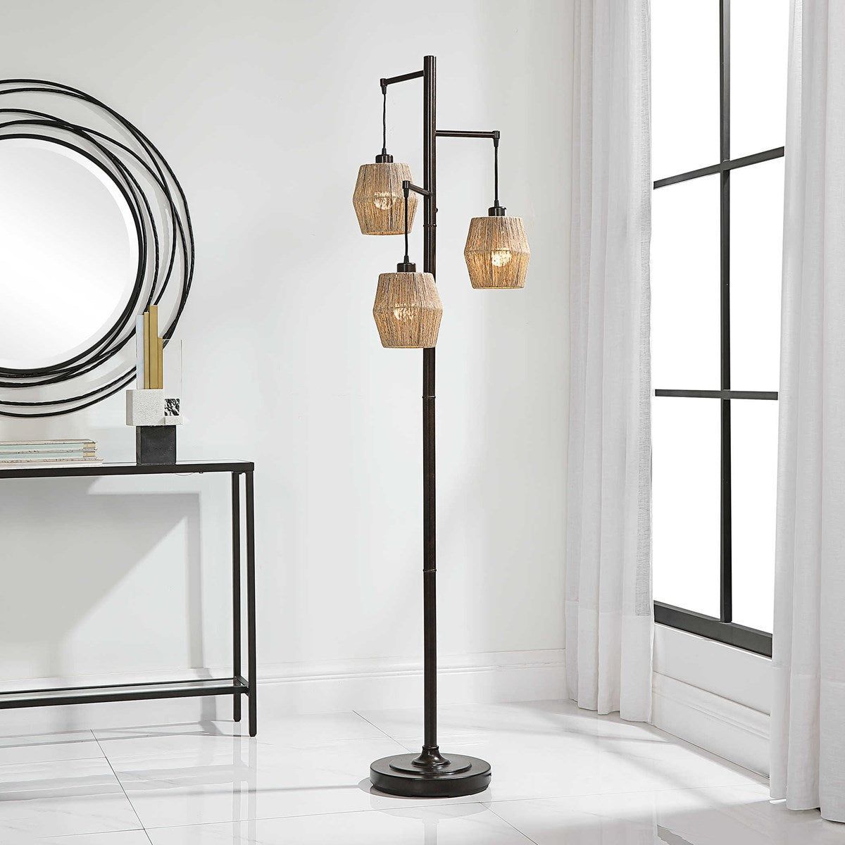 Casa Bella Living Rope Drum Shades with Rubbed Bronze Base Modern Floor Lamp