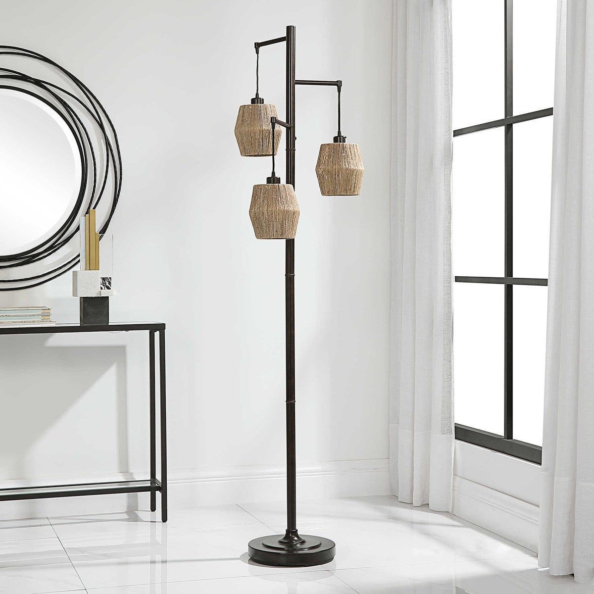 Casa Bella Living Rope Drum Shades with Rubbed Bronze Base Modern Floor Lamp - Image 3