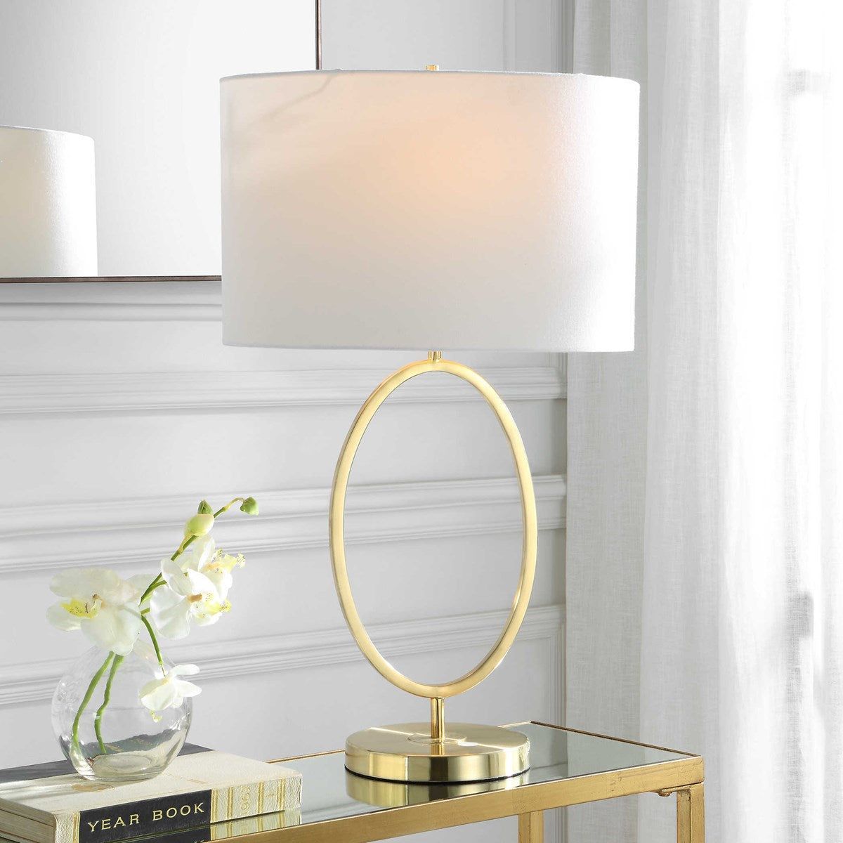 Casa Bella Living White Linen Oval Shade with Golden Brass Metal Base Table Lamp - Image 1