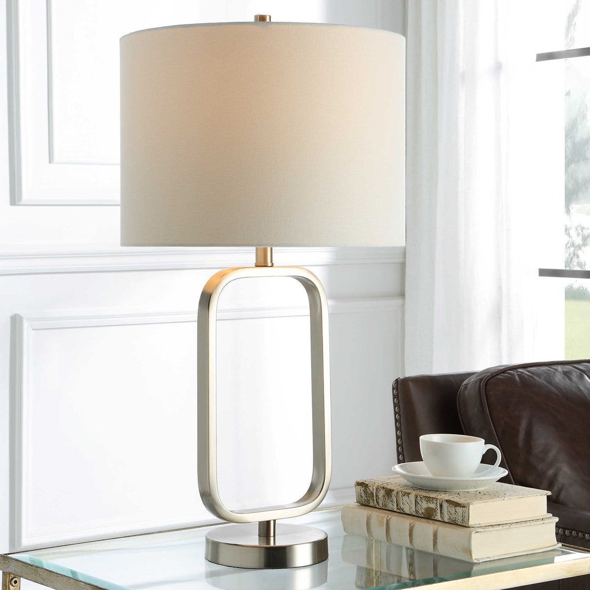 Casa Bella Living White Linen Shade With Brushed Nickel Metal Base Table Lamp - Image 1
