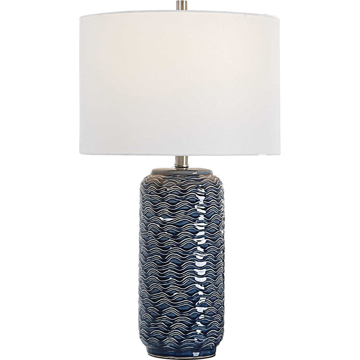 Casa Bella Living White Linen Shade with Blue Textured Ceramic Base Table Lamp - Image 2