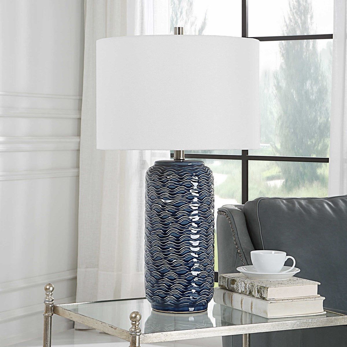 Casa Bella Living White Linen Shade with Blue Textured Ceramic Base Table Lamp - Image 3