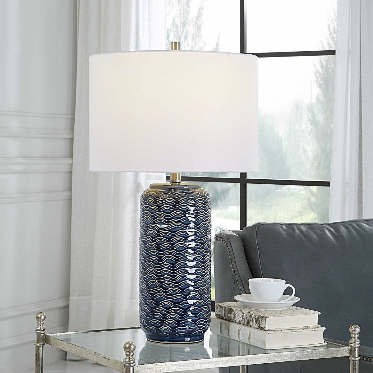 Casa Bella Living White Linen Shade with Blue Textured Ceramic Base Table Lamp - Image 1
