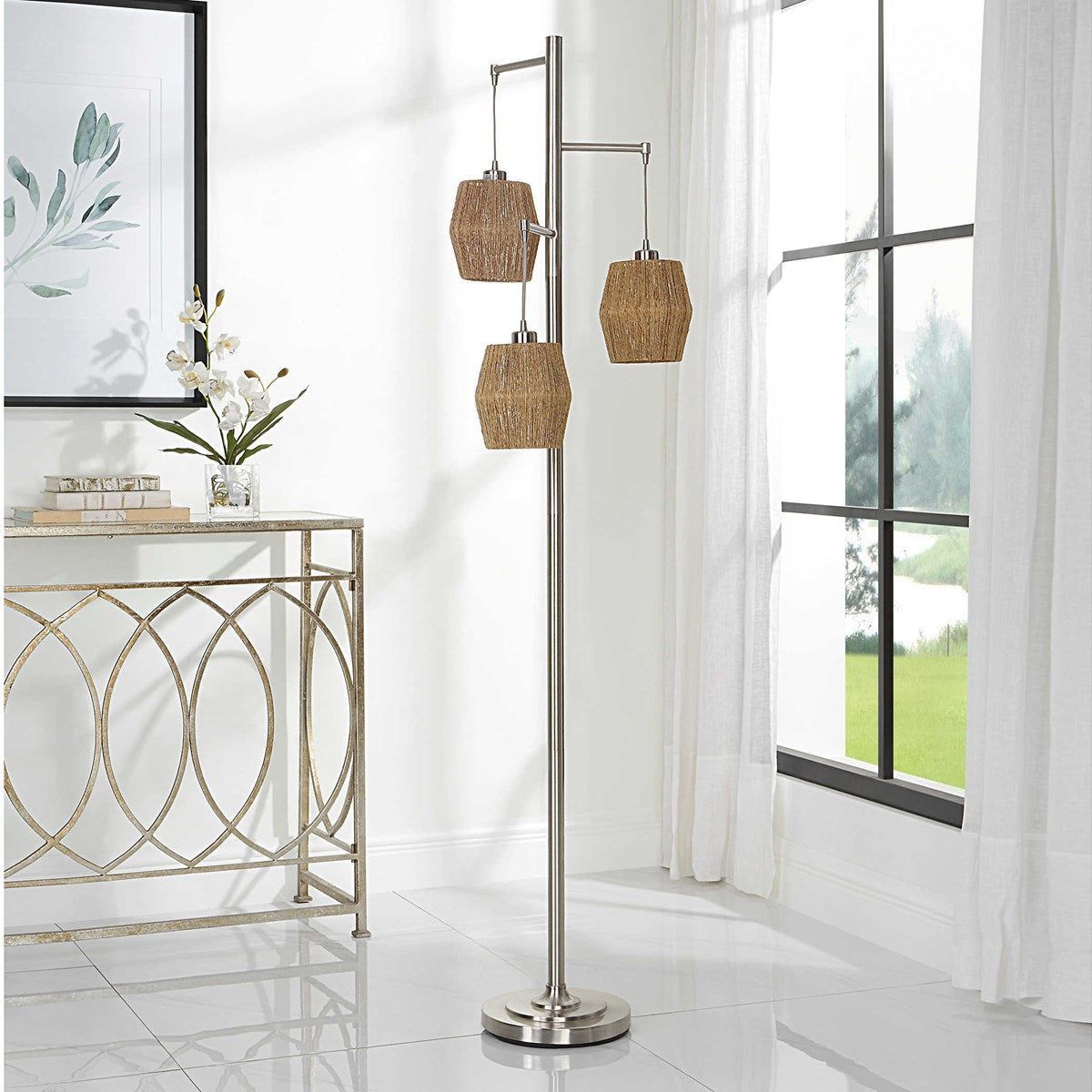 Casa Bella Living Rope Drum Shades with Brushed Nickel Base Modern Floor Lamp - Image 3