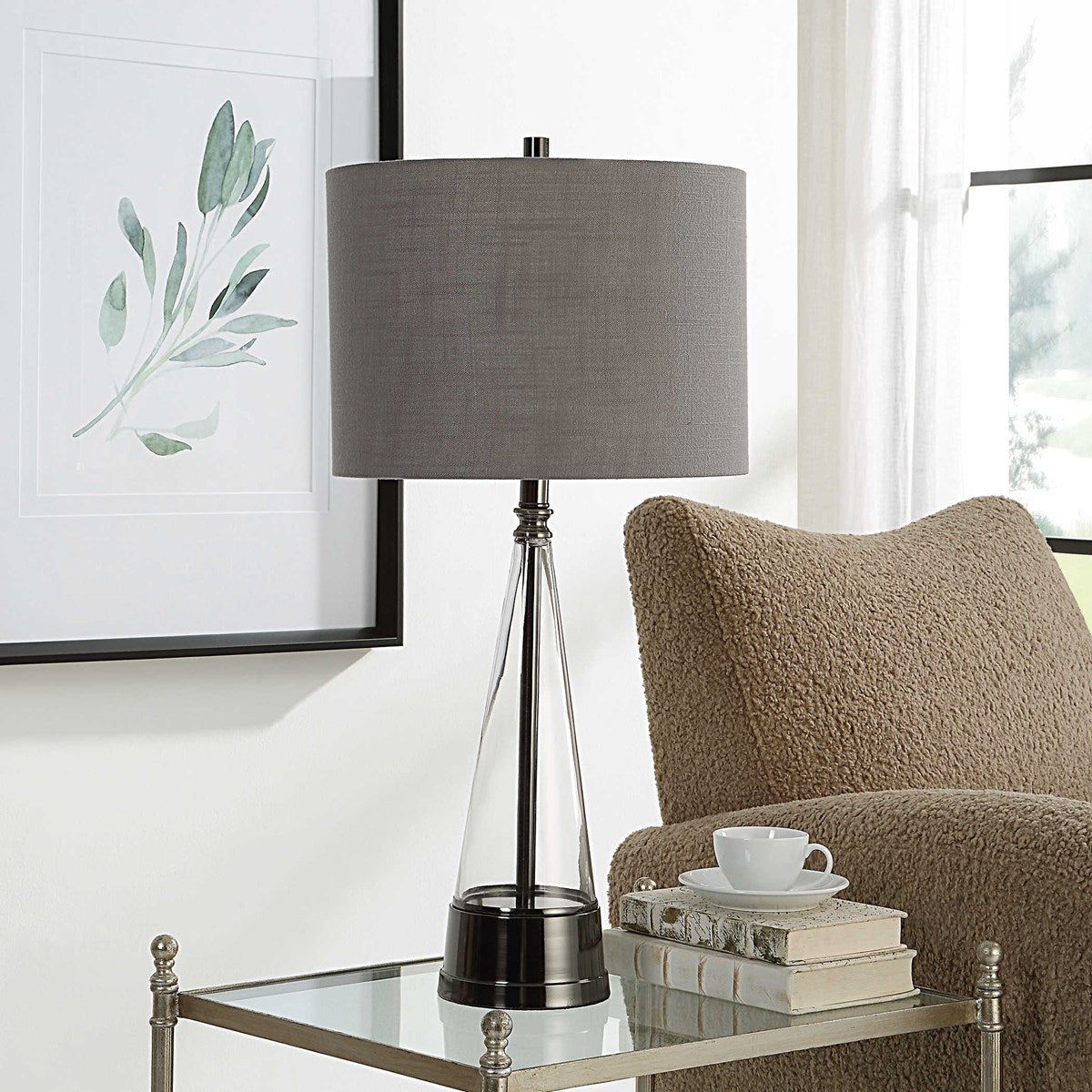 Casa Bella Living Gray Linen Shade with Glass and Dark Nickel Metal Base Table Lamp - Image 3