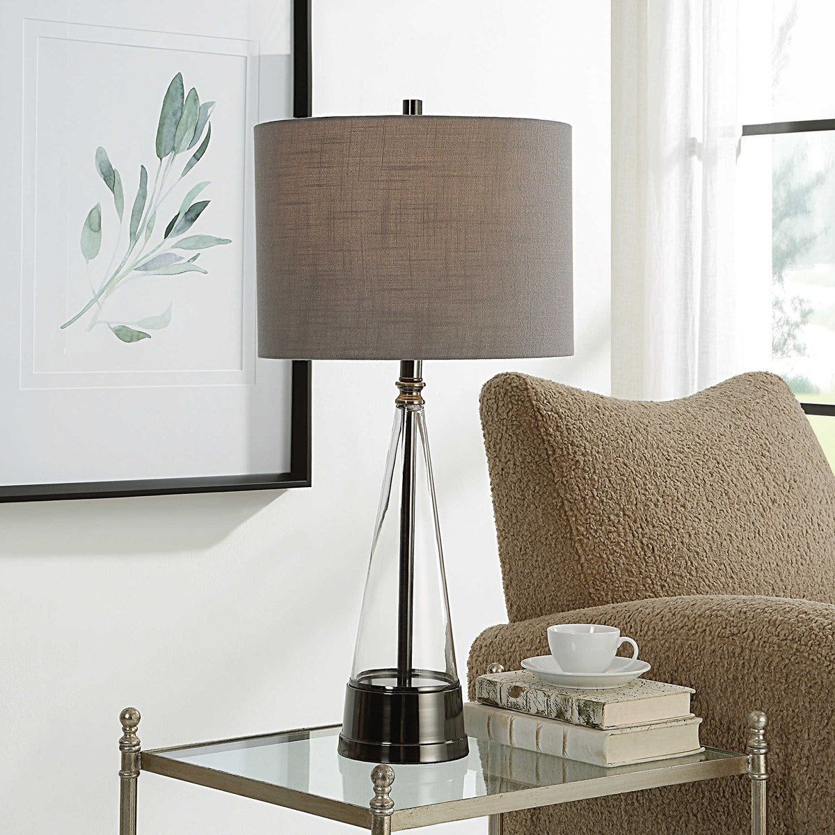 Casa Bella Living Gray Linen Shade with Glass and Dark Nickel Metal Base Table Lamp