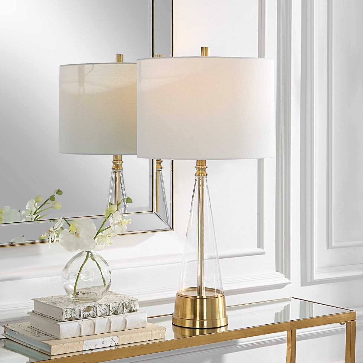 Casa Bella Living White Linen Shade with Antique Brass Metal and Glass Base Table Lamp - Image 1