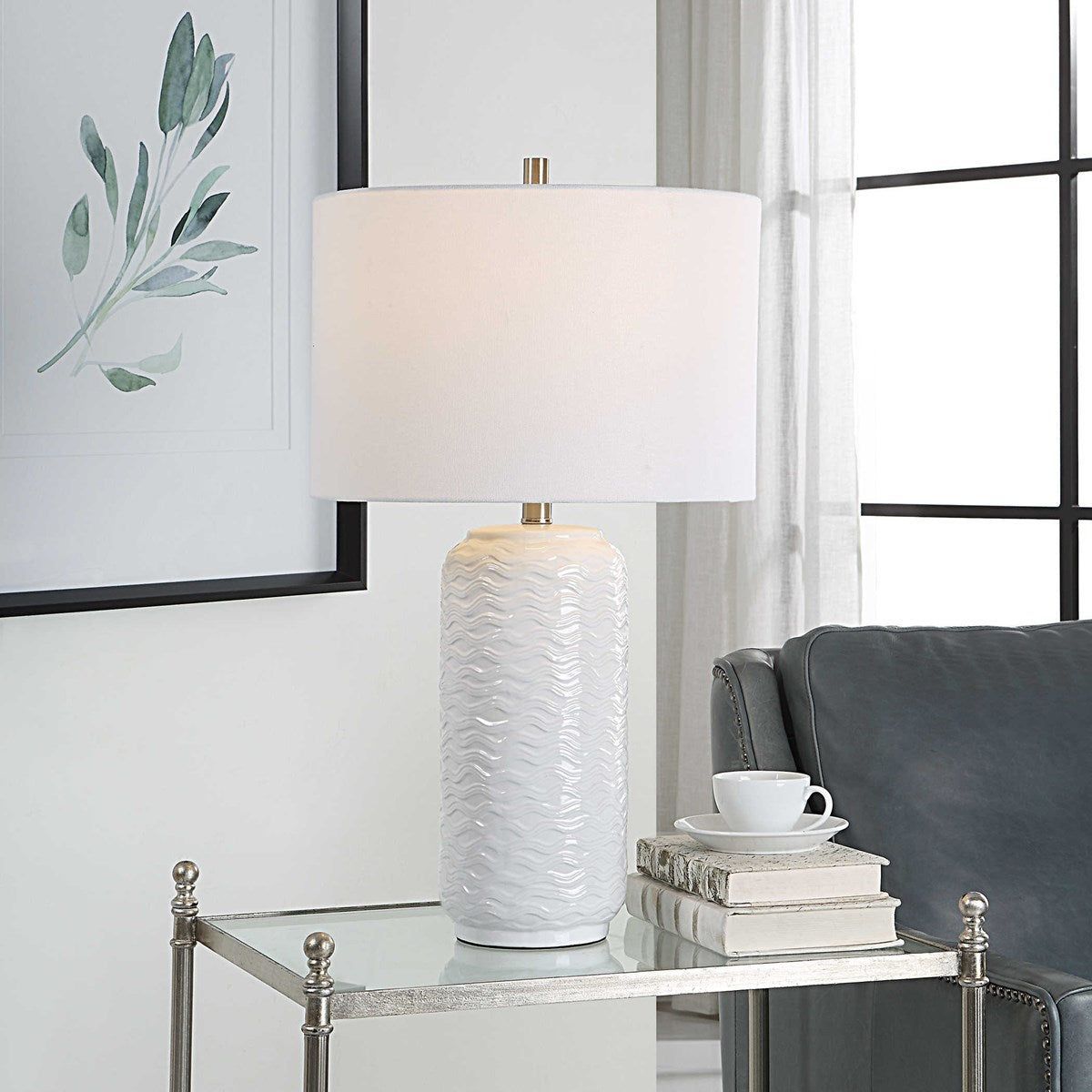 Casa Bella Living White Linen Shade with Textured White Ceramic Base Table Lamp - Image 1