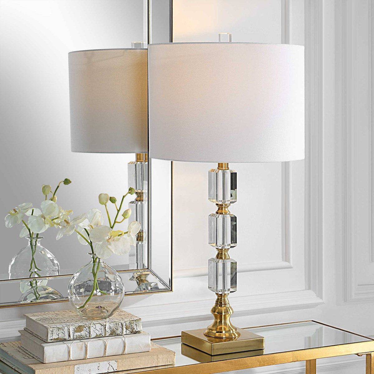 Casa Bella Living White Linen Shade with Stacked Crystal and Brass Base Table Lamp - Image 1