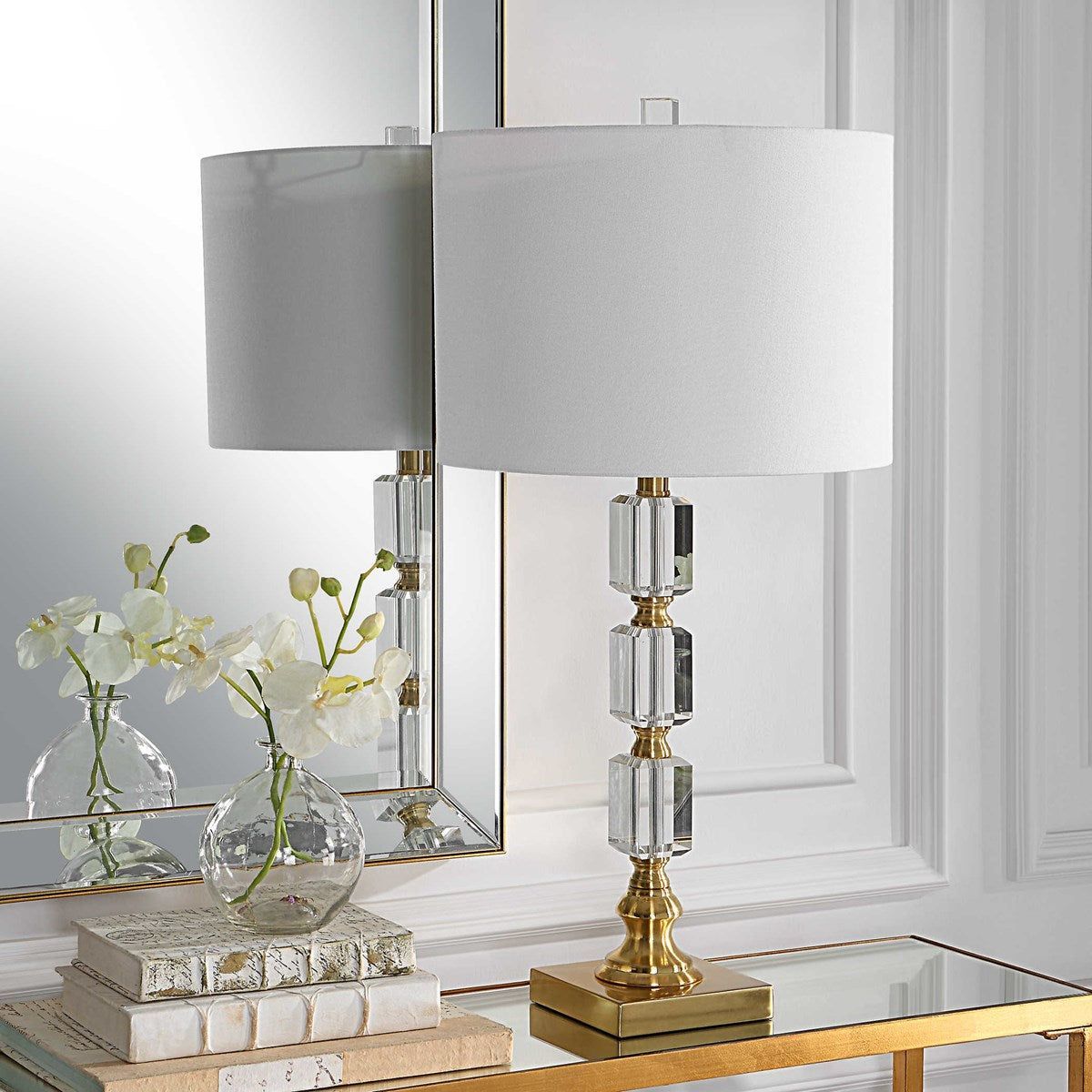 Casa Bella Living White Linen Shade with Stacked Crystal and Brass Base Table Lamp - Image 3